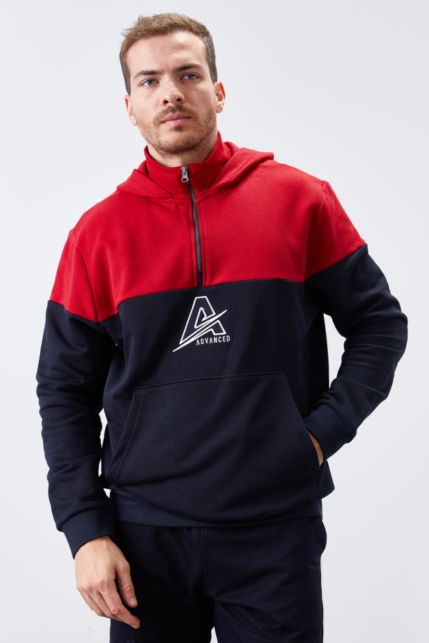 Tommy Life Lacivert Nakış Detaylı Yarım Fermuar Kapüşonlu Erkek Sweatshirt - 88033. 6