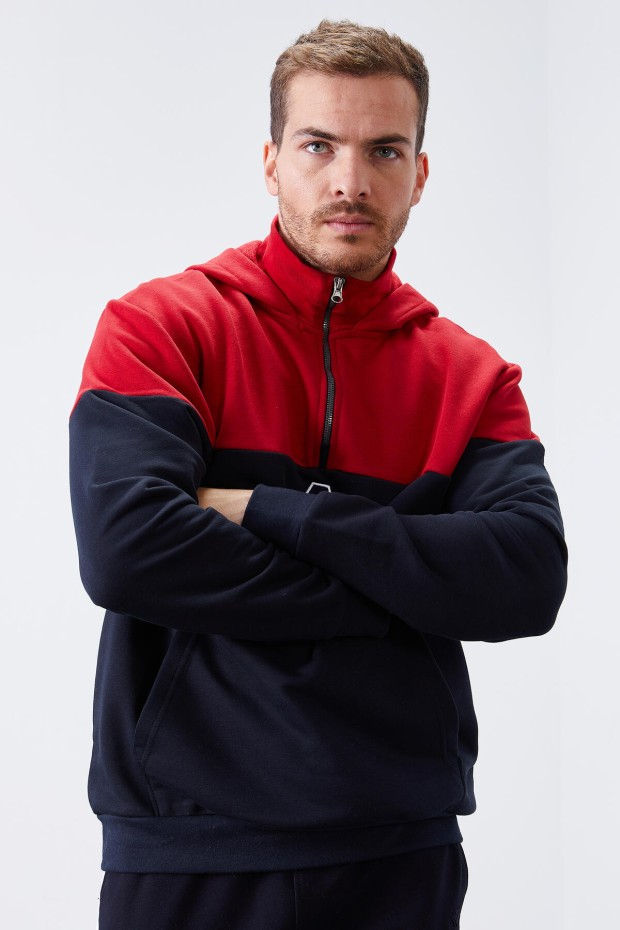 Tommy Life Lacivert Nakış Detaylı Yarım Fermuar Kapüşonlu Erkek Sweatshirt - 88033. 8