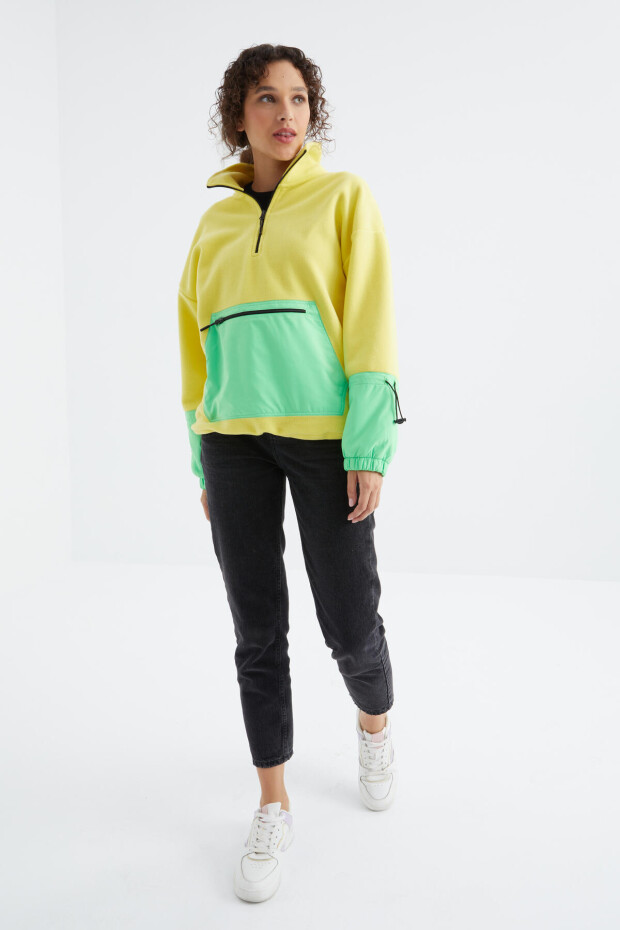 Limon Etek Ucu Büzgülü Yarım Fermuarlı Oversize Kadın Polar Sweatshirt - 97238 - 6