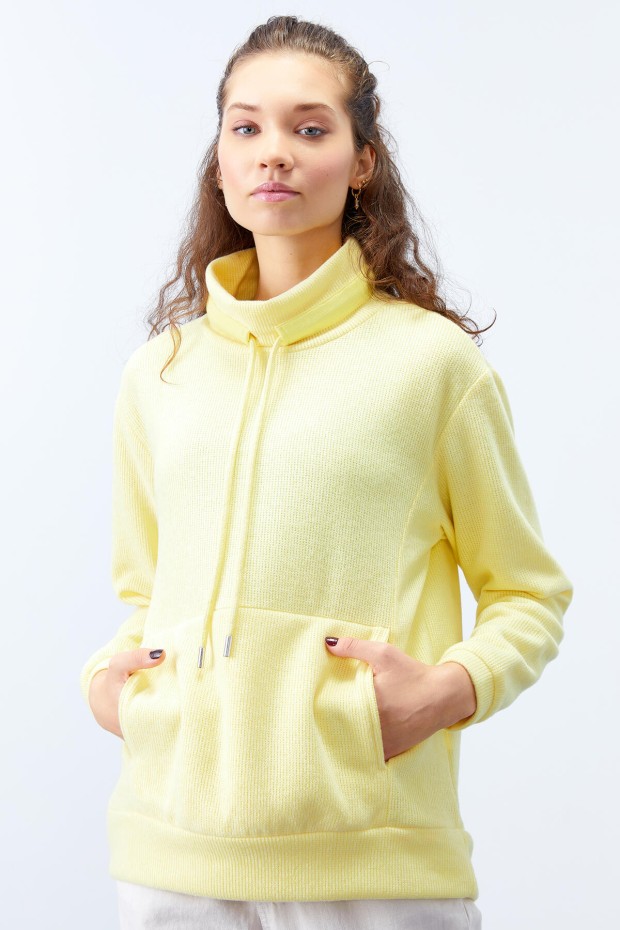 Tommy Life Limon Dik Yaka Bağcıklı Selanik Triko Kadın Oversize Sweatshirt - 97195. 3