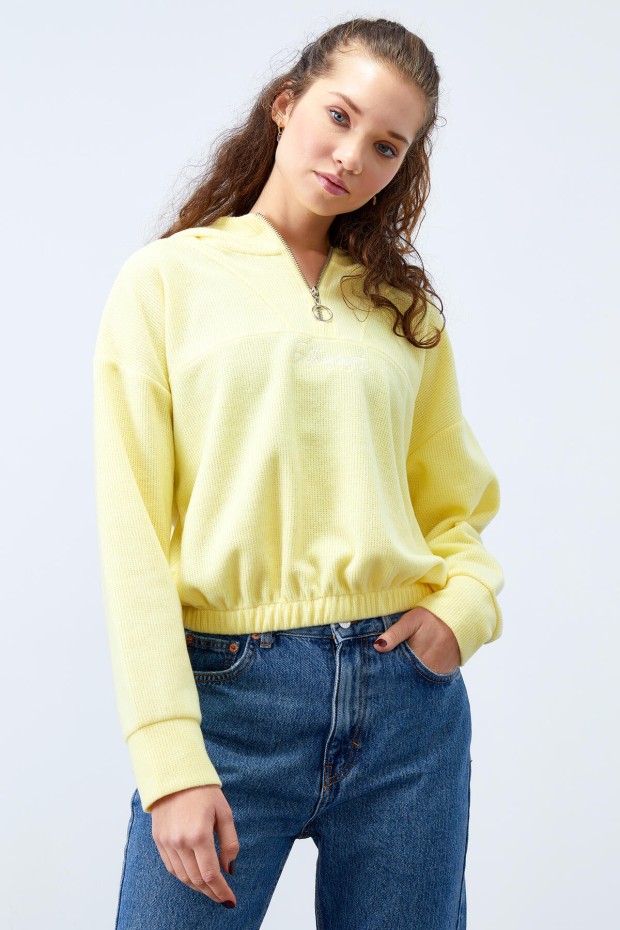 Tommy Life Limon Kapüşonlu Yarım Fermuar Selanik Kadın Oversize Triko Crop Top Sweathirt - 97193. 7