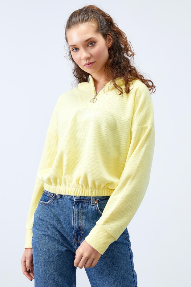 Tommy Life Limon Kapüşonlu Yarım Fermuar Selanik Kadın Oversize Triko Crop Top Sweathirt - 97193. 1 Tommy Life Limon Kapüşonlu Yarım Fermuar Selanik Kadın Oversize Triko Crop Top Sweathirt - 97193. 1