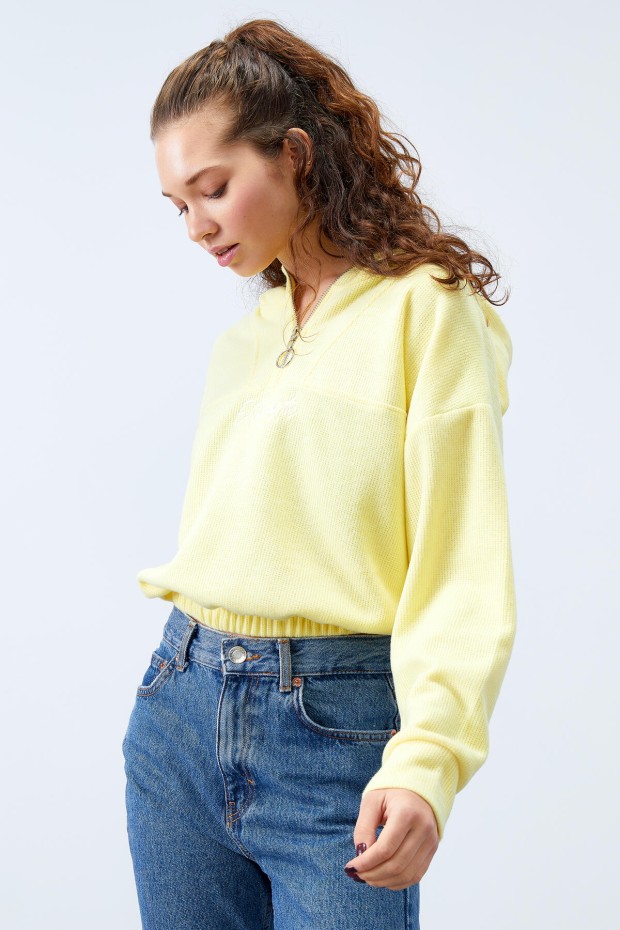 Tommy Life Limon Kapüşonlu Yarım Fermuar Selanik Kadın Oversize Triko Crop Top Sweathirt - 97193. 6