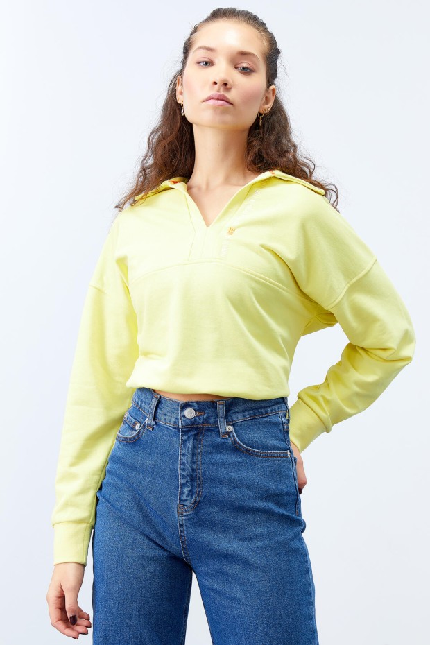 Tommy Life Limon Polo Yaka Etek Ucu Büzgülü Kadın Oversize Sweatshirt - 97180. 1