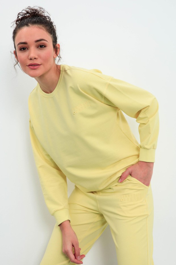 Limon Basic Pamuklu O Yaka Oversize Lastik Paça Kadın Eşofman Takım - 95287 - 3