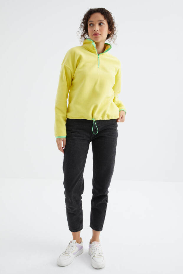 Limon Yarım Fermuar Etek Ucu Büzgülü Dik Yaka Oversize Kadın Polar Sweatshirt - 97234 - 3