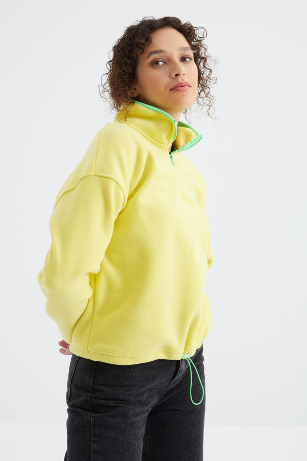 Limon Yarım Fermuar Etek Ucu Büzgülü Dik Yaka Oversize Kadın Polar Sweatshirt - 97234 - 5