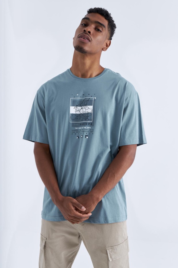 Tommy Life Mint Yeşili Baskı Detaylı O Yaka Erkek Oversize T-Shirt - 88094. 1