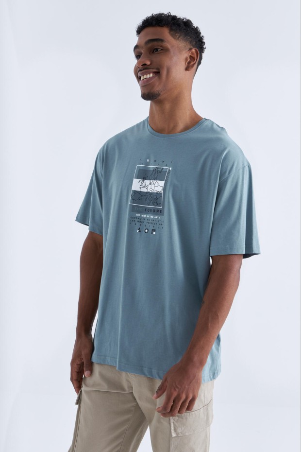 Tommy Life Mint Yeşili Baskı Detaylı O Yaka Erkek Oversize T-Shirt - 88094. 3