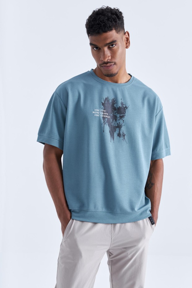 Tommy Life Mint Yeşili Baskılı Yazı Nakışlı O Yaka Erkek Oversize T-Shirt - 88105. 2