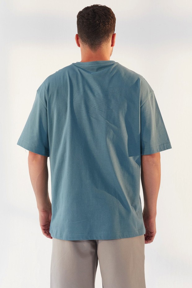 Tommy Life Mint Yeşili Küçük Yazı Baskılı O Yaka Erkek Oversize T-Shirt - 87985. 7