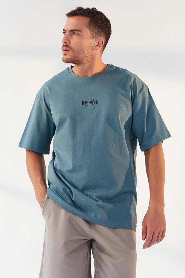 Tommy Life Mint Yeşili Küçük Yazı Baskılı O Yaka Erkek Oversize T-Shirt - 87985. 5