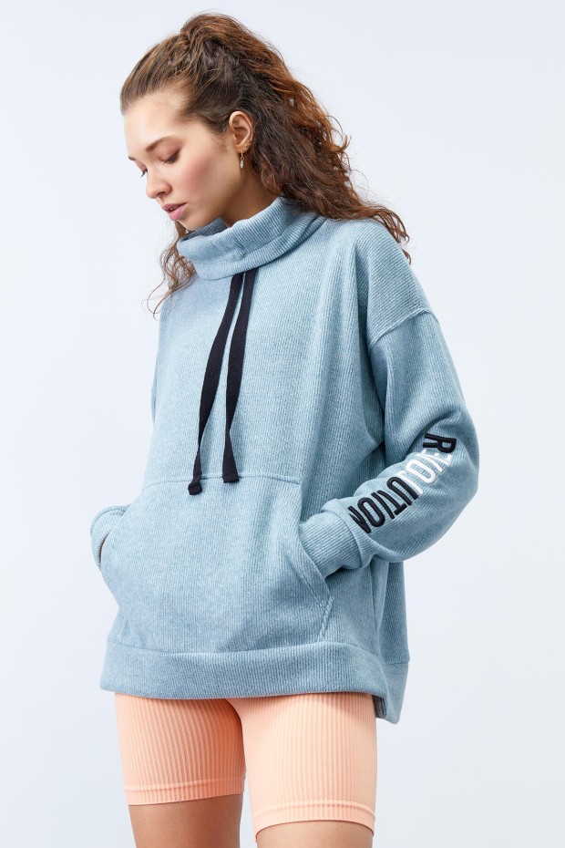 Tommy Life Mint Yeşili Büzgülü Bağcıklı Yaka Nakışlı Selanik Triko Kadın Oversize Sweatshirt - 97197. 3