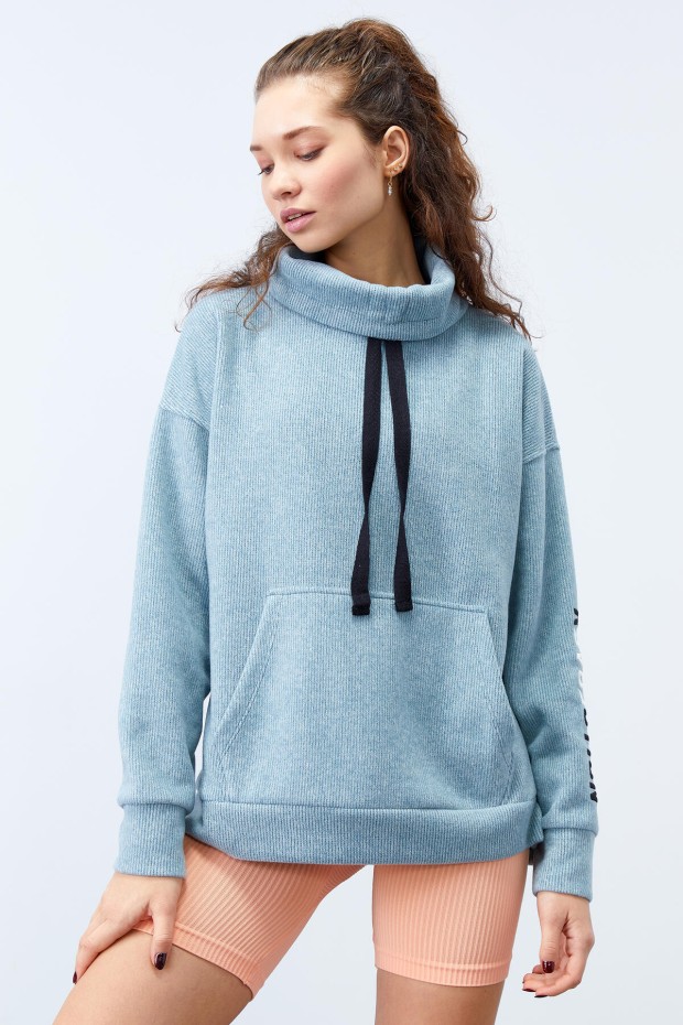 Tommy Life Mint Yeşili Büzgülü Bağcıklı Yaka Nakışlı Selanik Triko Kadın Oversize Sweatshirt - 97197. 6