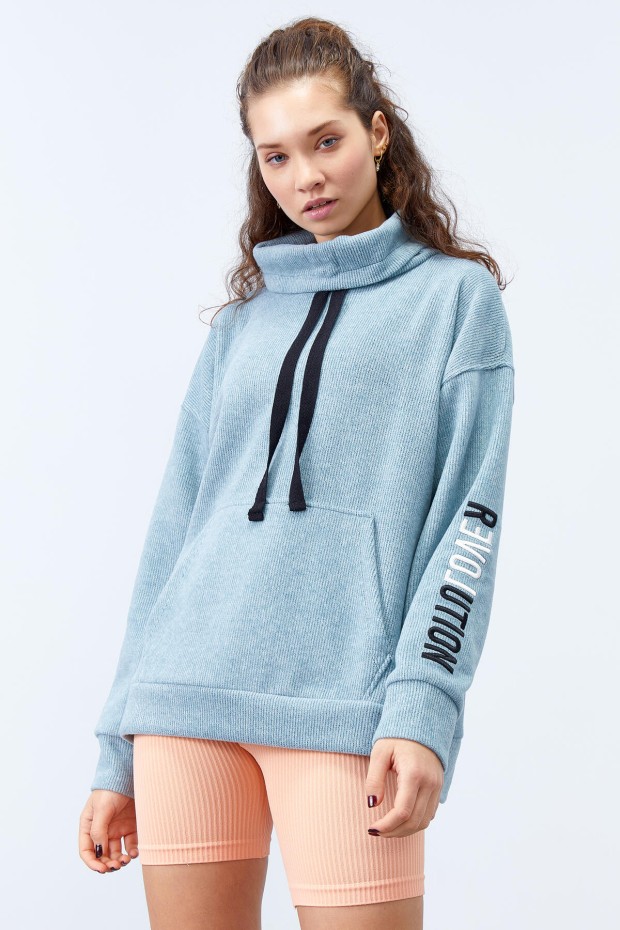 Tommy Life Mint Yeşili Büzgülü Bağcıklı Yaka Nakışlı Selanik Triko Kadın Oversize Sweatshirt - 97197. 7