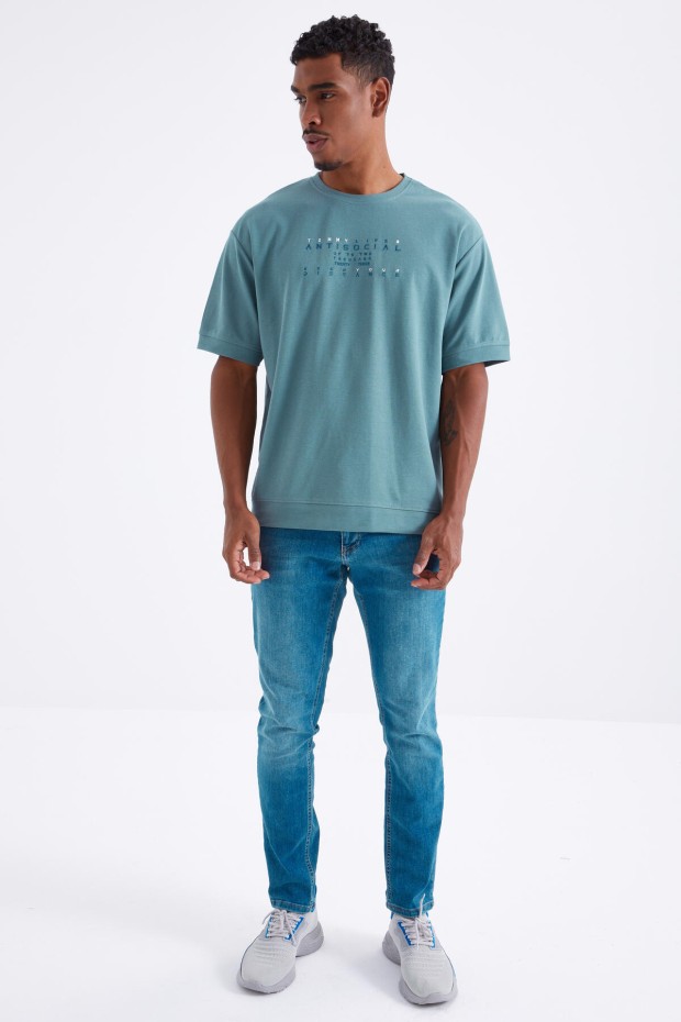 Tommy Life Mint Yeşili Küçük Yazı Nakışlı O Yaka Erkek Oversize T-Shirt - 88103. 2