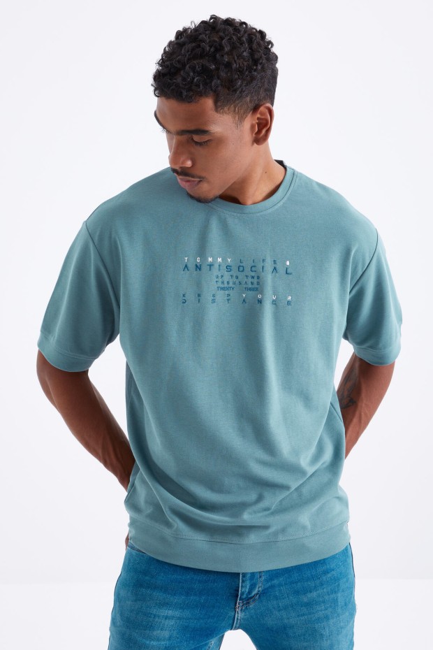 Tommy Life Mint Yeşili Küçük Yazı Nakışlı O Yaka Erkek Oversize T-Shirt - 88103. 3