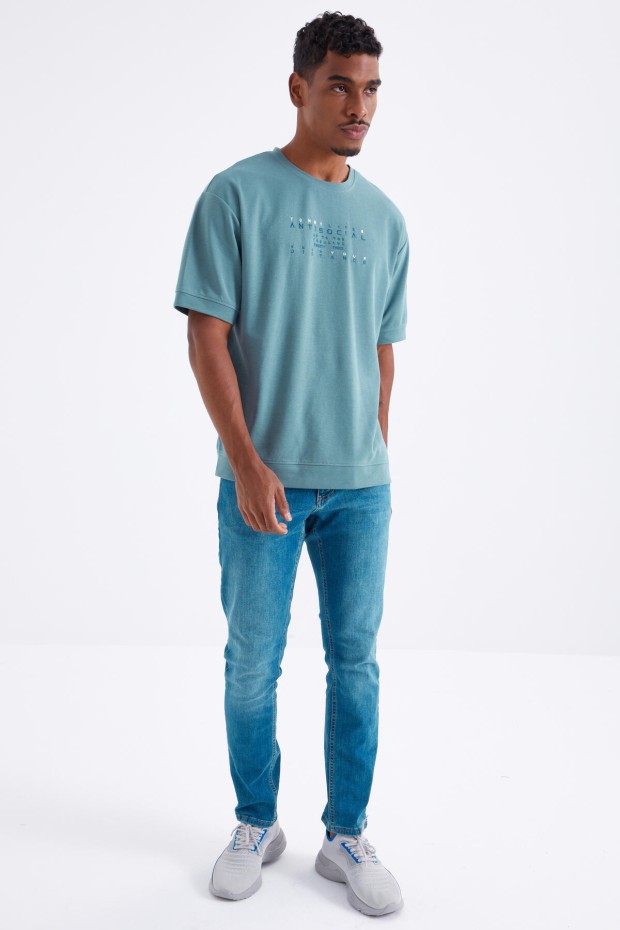 Tommy Life Mint Yeşili Küçük Yazı Nakışlı O Yaka Erkek Oversize T-Shirt - 88103. 4