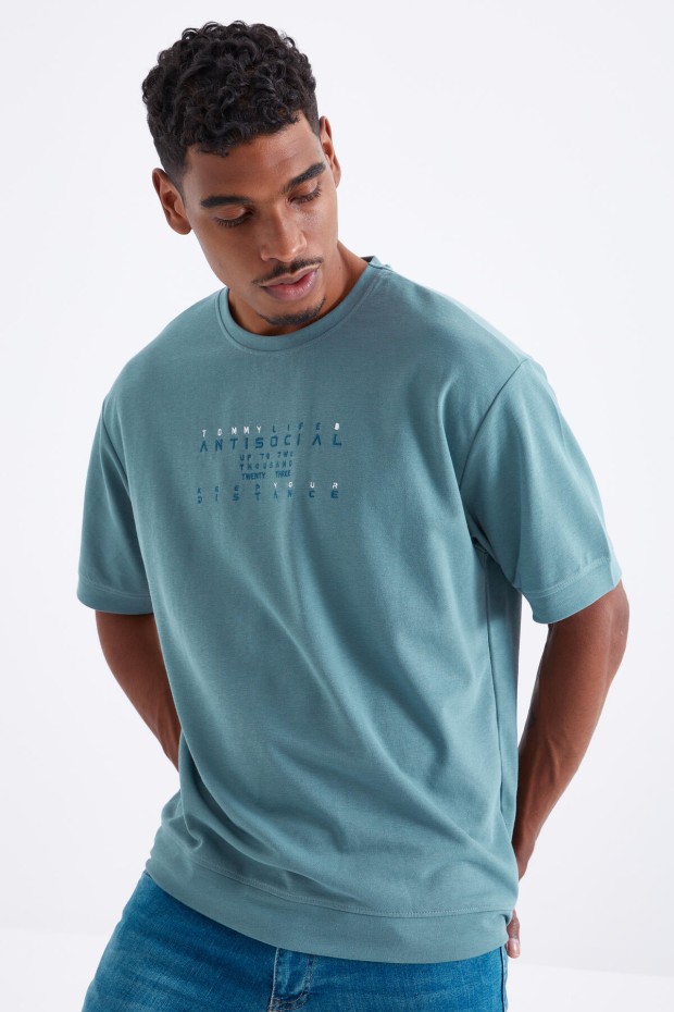 Tommy Life Mint Yeşili Küçük Yazı Nakışlı O Yaka Erkek Oversize T-Shirt - 88103. 5