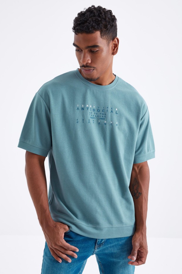 Tommy Life Mint Yeşili Küçük Yazı Nakışlı O Yaka Erkek Oversize T-Shirt - 88103. 6