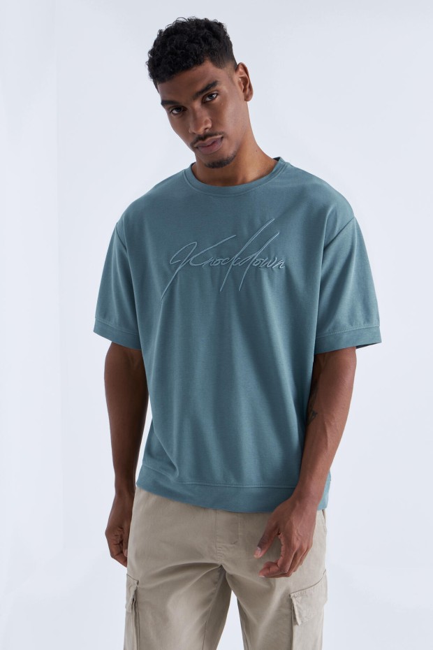 Tommy Life Mint Yeşili Yazı Nakışlı O Yaka Erkek Oversize T-Shirt - 88102. 3