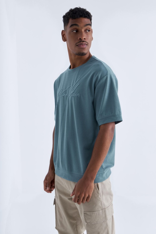 Tommy Life Mint Yeşili Yazı Nakışlı O Yaka Erkek Oversize T-Shirt - 88102. 7 Tommy Life Mint Yeşili Yazı Nakışlı O Yaka Erkek Oversize T-Shirt - 88102. 7