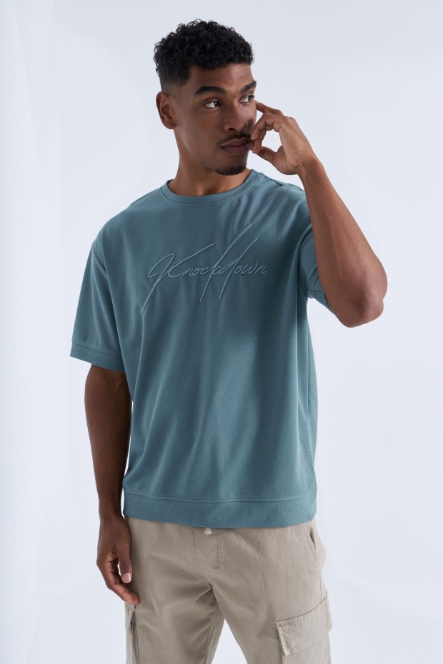 Tommy Life Mint Yeşili Yazı Nakışlı O Yaka Erkek Oversize T-Shirt - 88102. 6 Tommy Life Mint Yeşili Yazı Nakışlı O Yaka Erkek Oversize T-Shirt - 88102. 6
