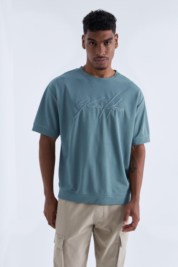 Tommy Life Mint Yeşili Yazı Nakışlı O Yaka Erkek Oversize T-Shirt - 88102. 5