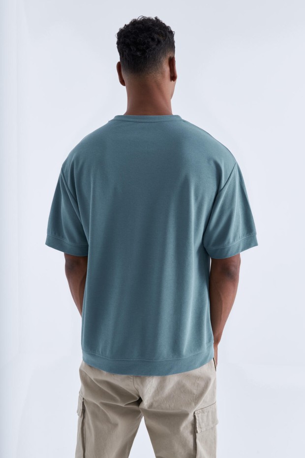 Tommy Life Mint Yeşili Yazı Nakışlı O Yaka Erkek Oversize T-Shirt - 88102. 4