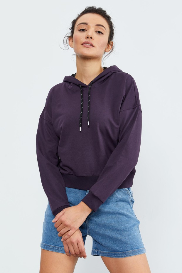 Mor Uzun Kol Rahat Form Kapüşonlu Kadın Sweatshirt - 97115 - 1