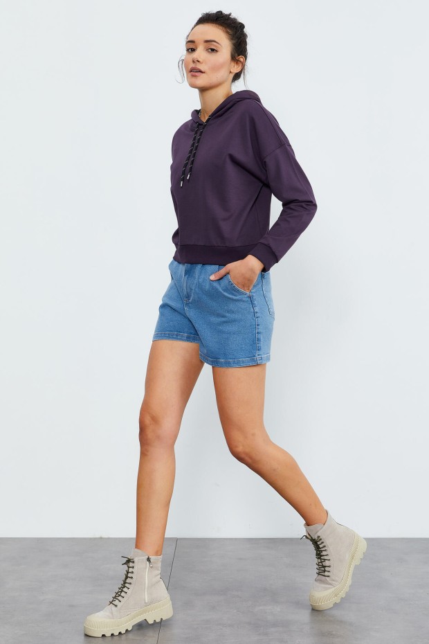Mor Uzun Kol Rahat Form Kapüşonlu Kadın Sweatshirt - 97115 - 2