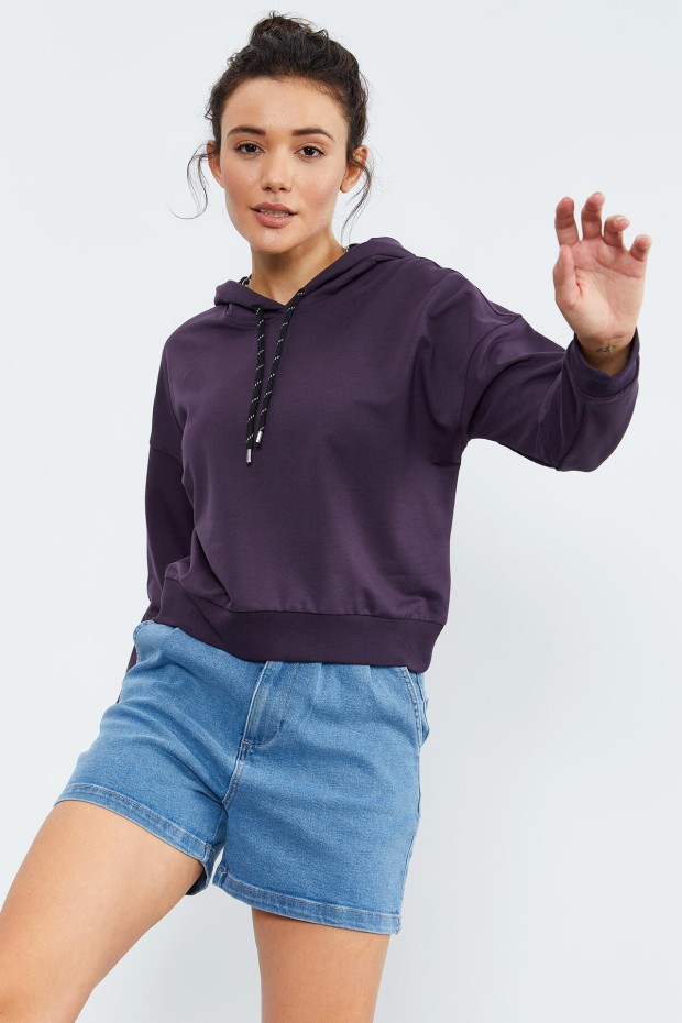 Mor Uzun Kol Rahat Form Kapüşonlu Kadın Sweatshirt - 97115 - 3