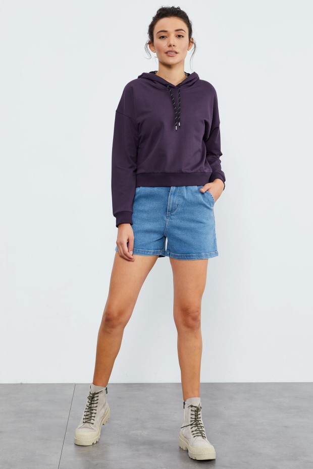 Mor Uzun Kol Rahat Form Kapüşonlu Kadın Sweatshirt - 97115 - 4