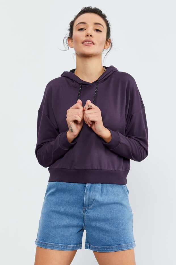 Mor Uzun Kol Rahat Form Kapüşonlu Kadın Sweatshirt - 97115 - 5