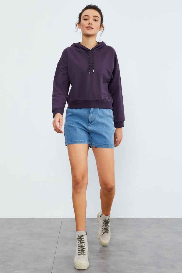 Mor Uzun Kol Rahat Form Kapüşonlu Kadın Sweatshirt - 97115 - 6