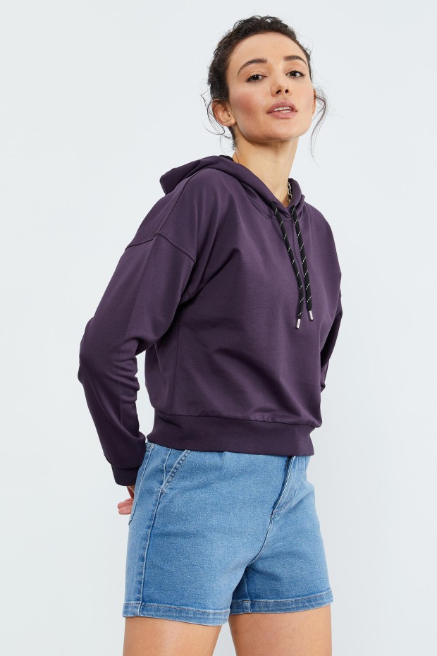 Mor Uzun Kol Rahat Form Kapüşonlu Kadın Sweatshirt - 97115 - 7