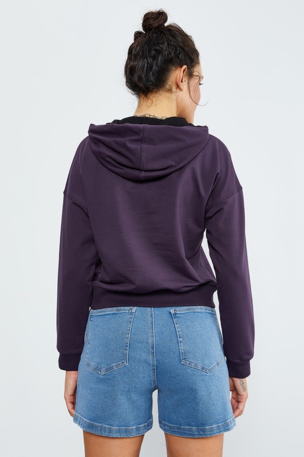 Mor Uzun Kol Rahat Form Kapüşonlu Kadın Sweatshirt - 97115 - 8