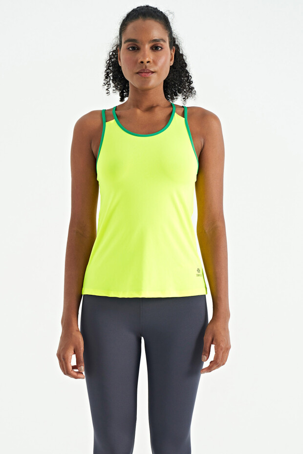 Neon Sarı Çift Askılı Sırt Detaylı Standart Kalıp Kadın Spor Atlet - 97258 - 2