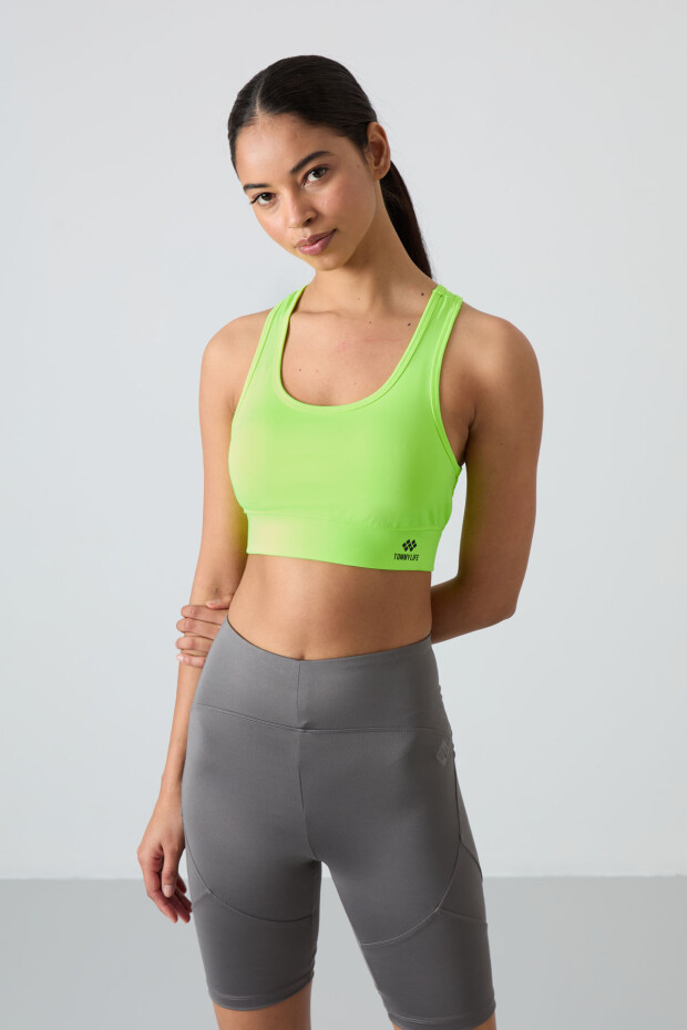 Neon Sarı Sırt Detaylı Dar Kalıp U Yaka Kadın Spor Büstiyer - 97120 - 1