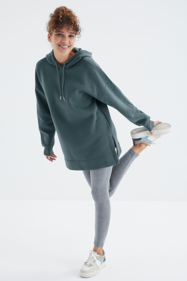 Orman Yeşili Reglan Kol Basic Kapüşonlu Oversize Sweatshirt Tunik - 97242 - 2