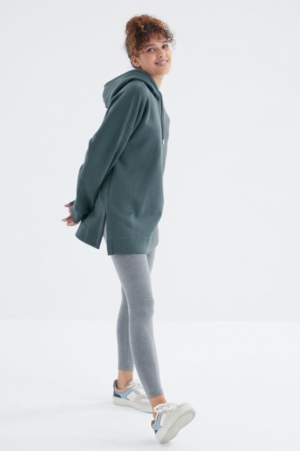 Orman Yeşili Reglan Kol Basic Kapüşonlu Oversize Sweatshirt Tunik - 97242 - 3