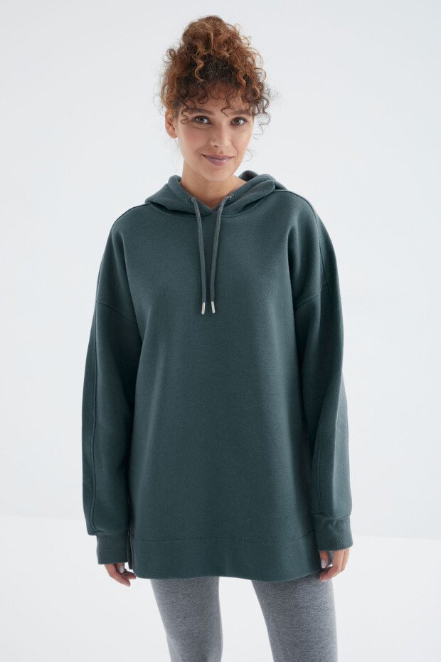 Orman Yeşili Reglan Kol Basic Kapüşonlu Oversize Sweatshirt Tunik - 97242 - 4