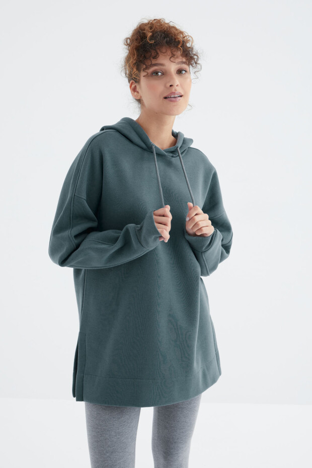 Orman Yeşili Reglan Kol Basic Kapüşonlu Oversize Sweatshirt Tunik - 97242 - 5