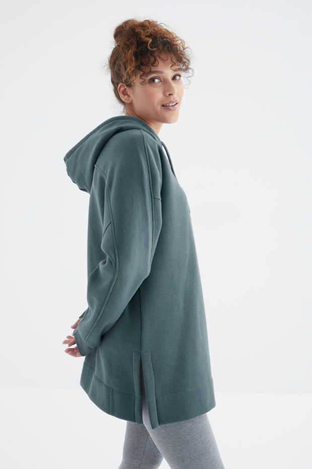 Orman Yeşili Reglan Kol Basic Kapüşonlu Oversize Sweatshirt Tunik - 97242 - 6