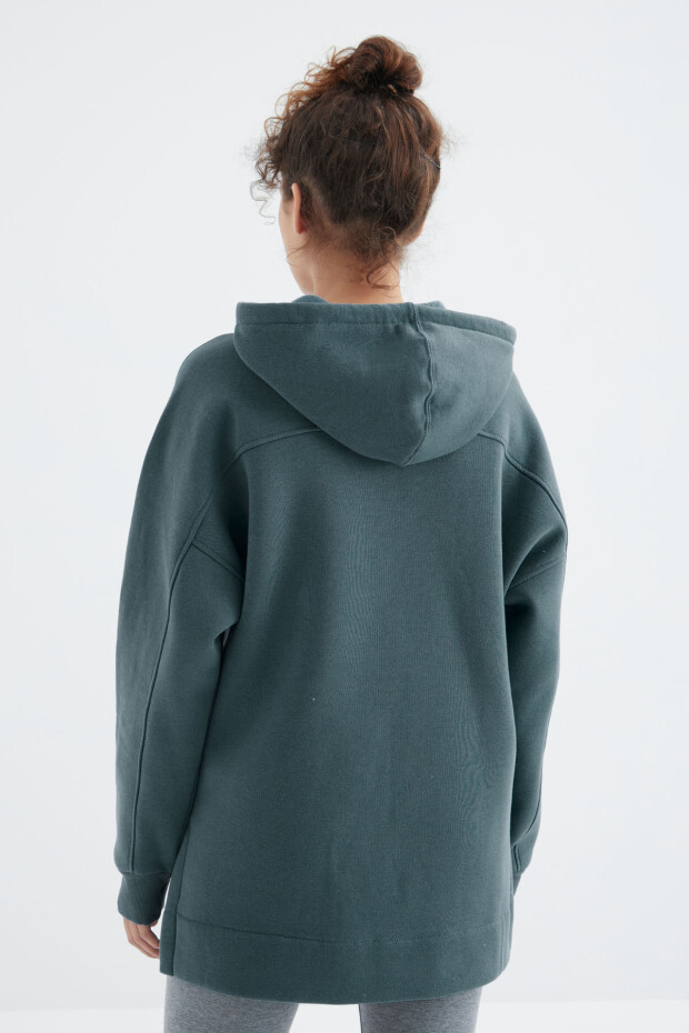 Orman Yeşili Reglan Kol Basic Kapüşonlu Oversize Sweatshirt Tunik - 97242 - 8