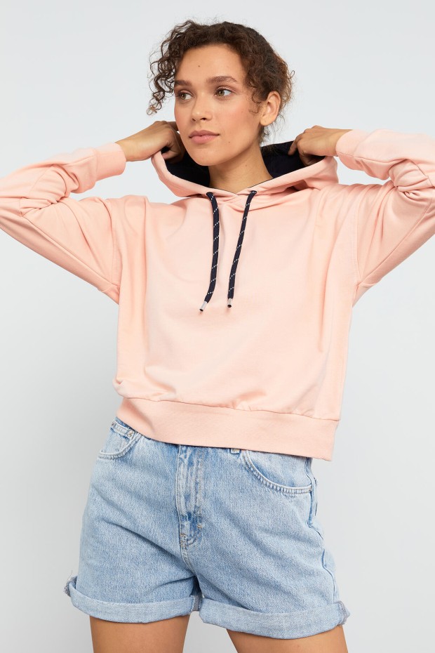 Pembe Uzun Kol Rahat Form Kapüşonlu Kadın Sweatshirt - 97115 - 3