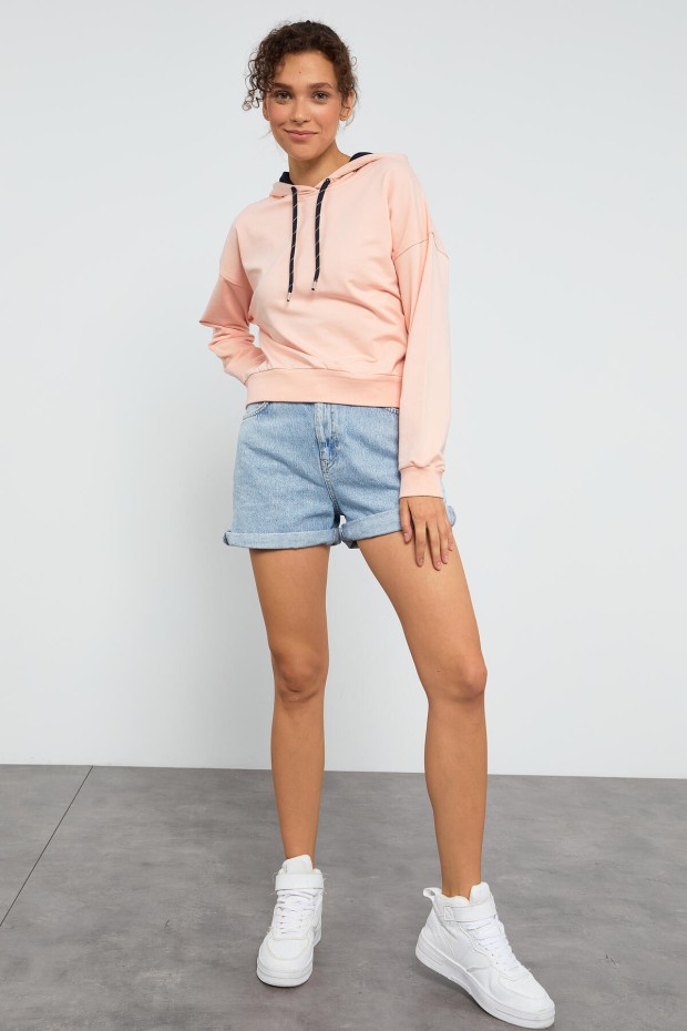 Pembe Uzun Kol Rahat Form Kapüşonlu Kadın Sweatshirt - 97115 - 4