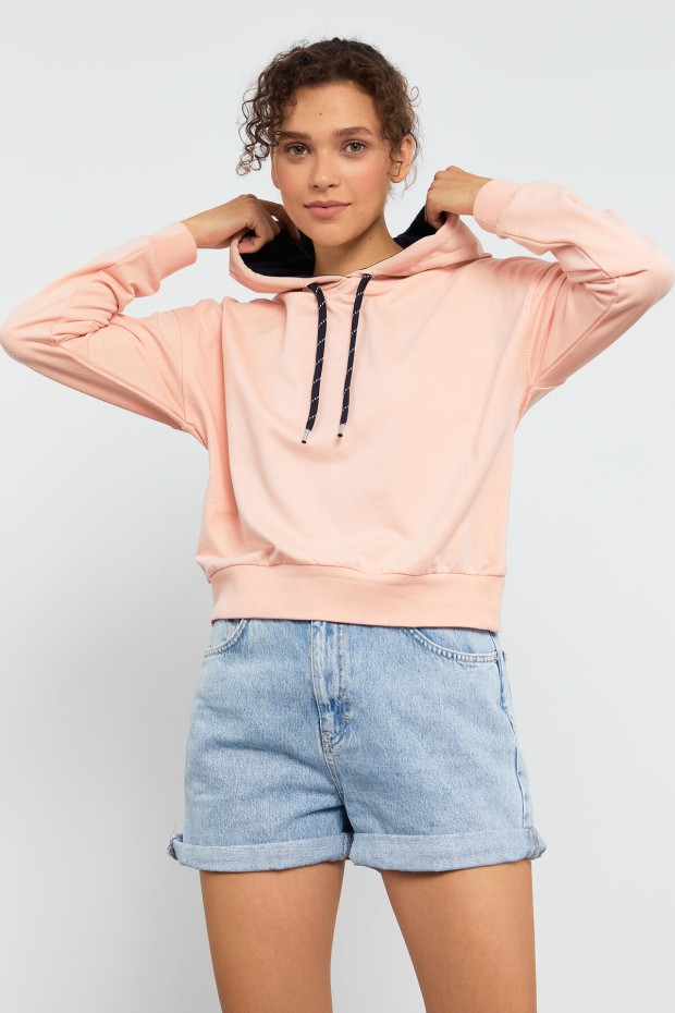Pembe Uzun Kol Rahat Form Kapüşonlu Kadın Sweatshirt - 97115 - 5
