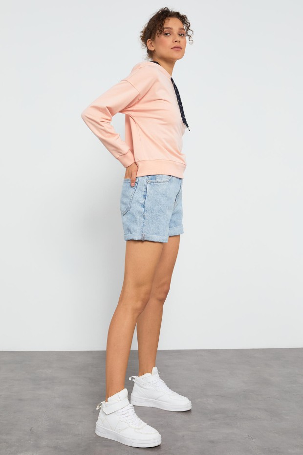 Pembe Uzun Kol Rahat Form Kapüşonlu Kadın Sweatshirt - 97115 - 6