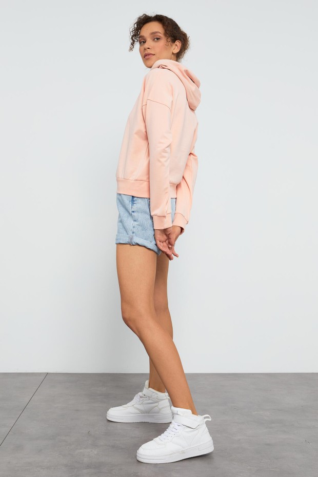 Pembe Uzun Kol Rahat Form Kapüşonlu Kadın Sweatshirt - 97115 - 2